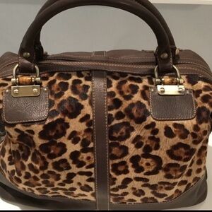 CLAUDIA SATCHEL HANDBAG W/ LEOPARD HAIR PRINT ITALIAN LEATHER